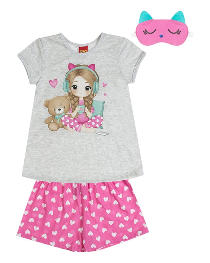 pijama feminino infantil conjunto blusa com short + máscara dormir kyly original