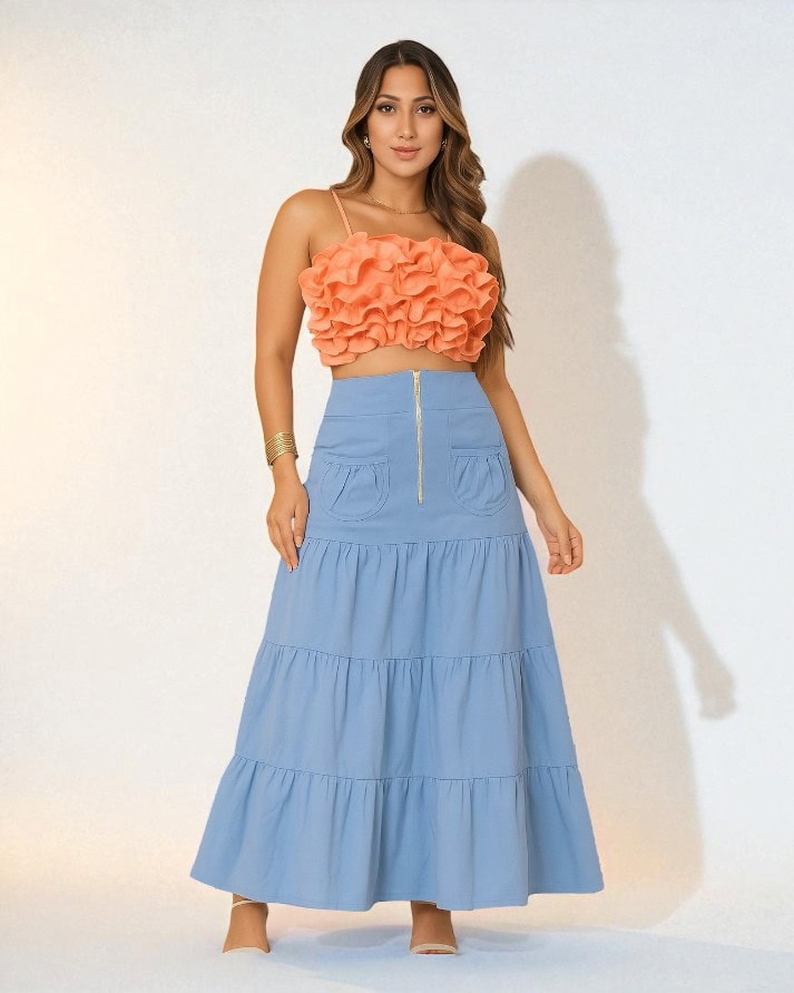 saia feminina longa tecido leve tricoline e zíper frontal saia feminina longa tecido leve tricoline e zíper frontal