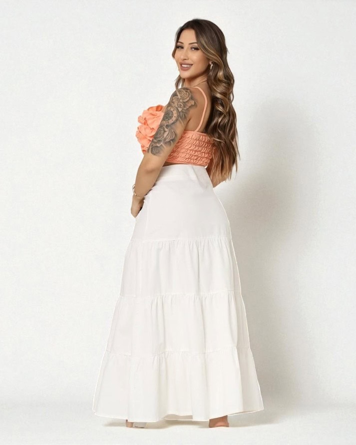 saia feminina longa tecido leve tricoline e zíper frontal saia feminina longa tecido leve tricoline e zíper frontal