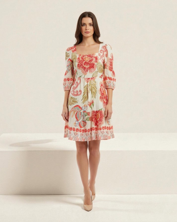 vestido curto feminino estampado manga 3/4 elegante confortável