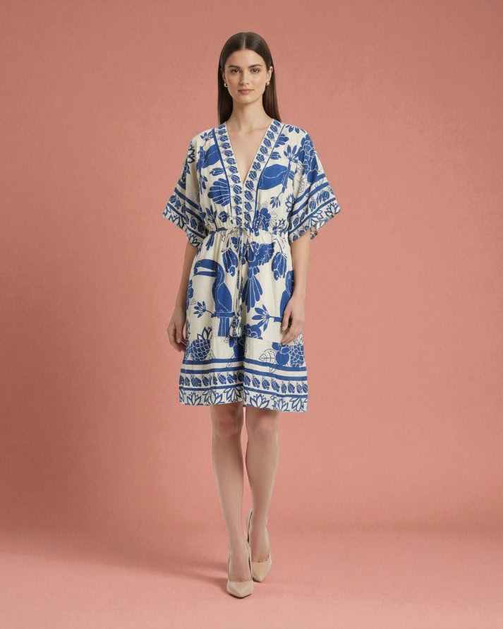 vestido feminino curto estampado gola v elegante moderno