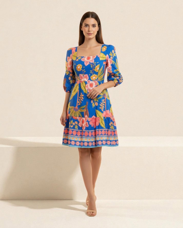 vestido curto feminino estampado manga 3/4 elegante confortável