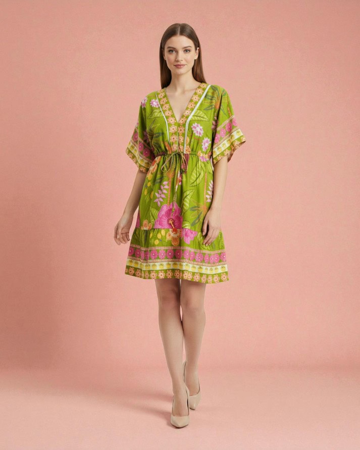 vestido feminino curto estampado gola v elegante moderno